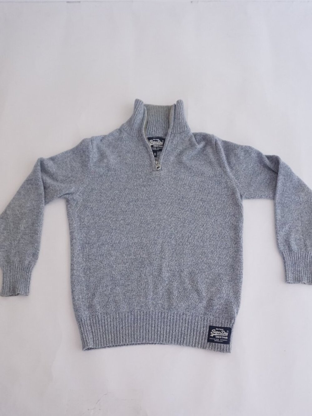 Superdry Grey Marled Minimalist Quarter Zip High Neck Knit Cotton Sweater Small